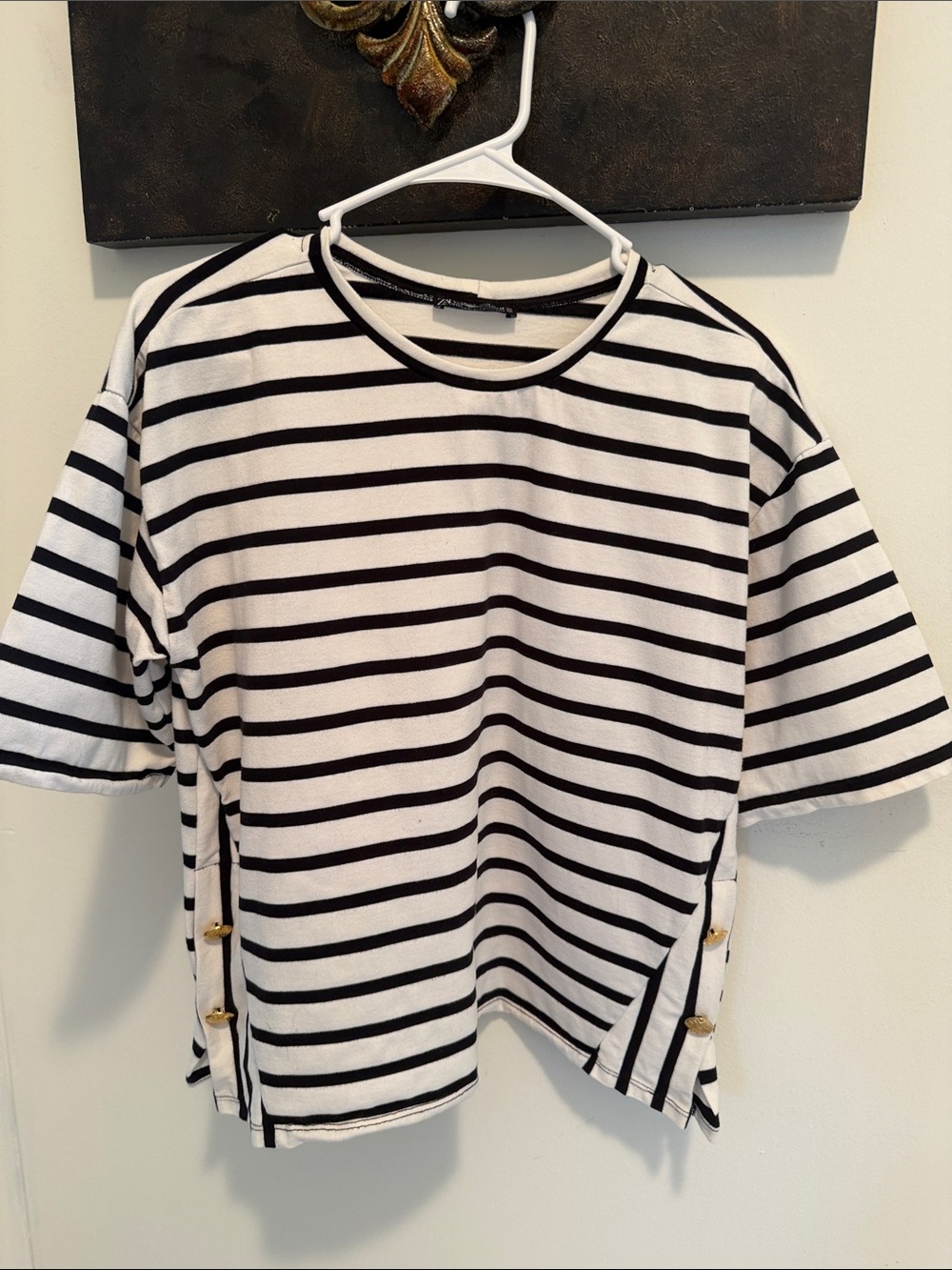 ZARA Striped Short-Sleeve White/Black Tee with Gold Buttons